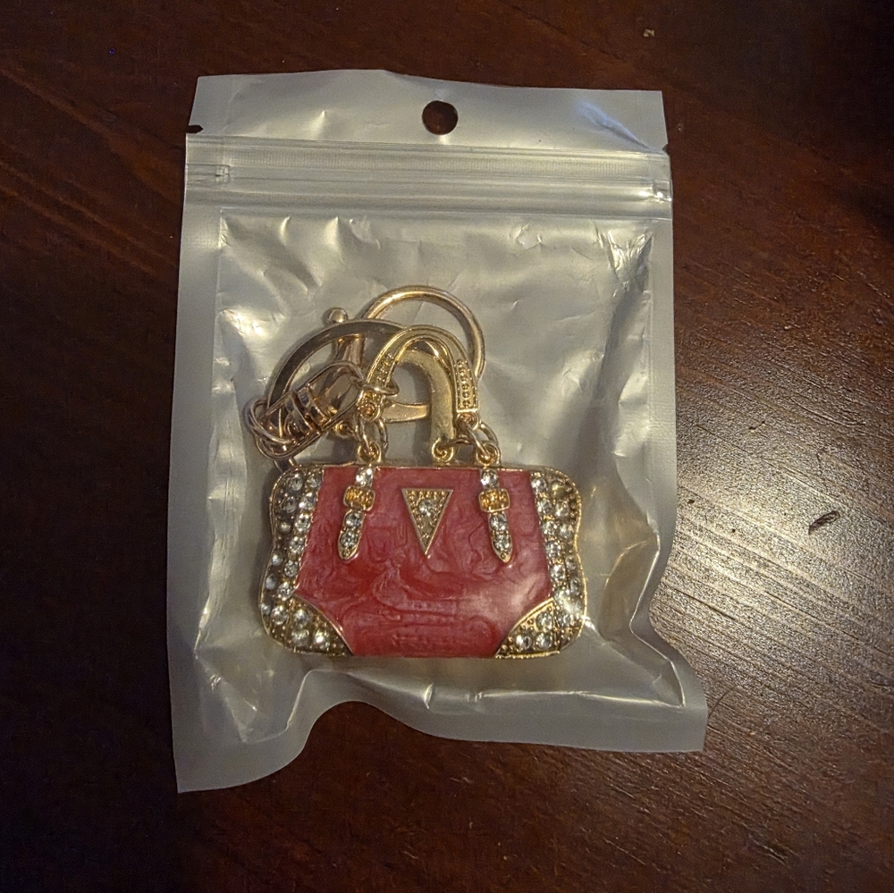 Pink and Gold Purse Keychain/ Bsgcharm with Rhinestones